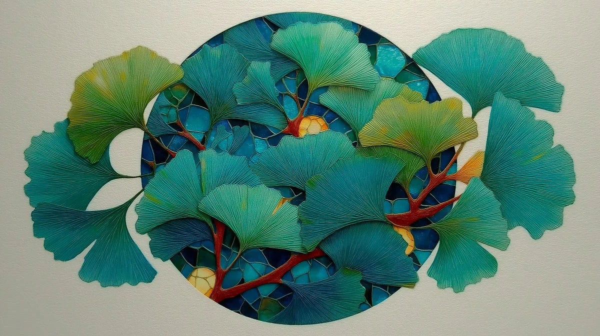 Ginkgo Mosaic Mural Wallpaper — Aquatic Blue Botanical Art Mural Wallpaper - room preview 04