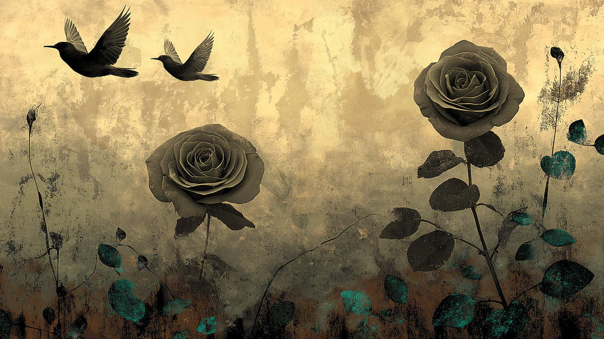 Vintage Rose and Bird Mural Wallpaper in Sepia Tones Mural Wallpaper - room preview 04