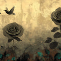Vintage Rose and Bird Mural Wallpaper in Sepia Tones Mural Wallpaper - room preview 04