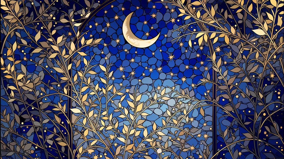 Celestial Stained Glass Mural Wallpaper — Midnight Botanical Mural Wallpaper - room preview 04