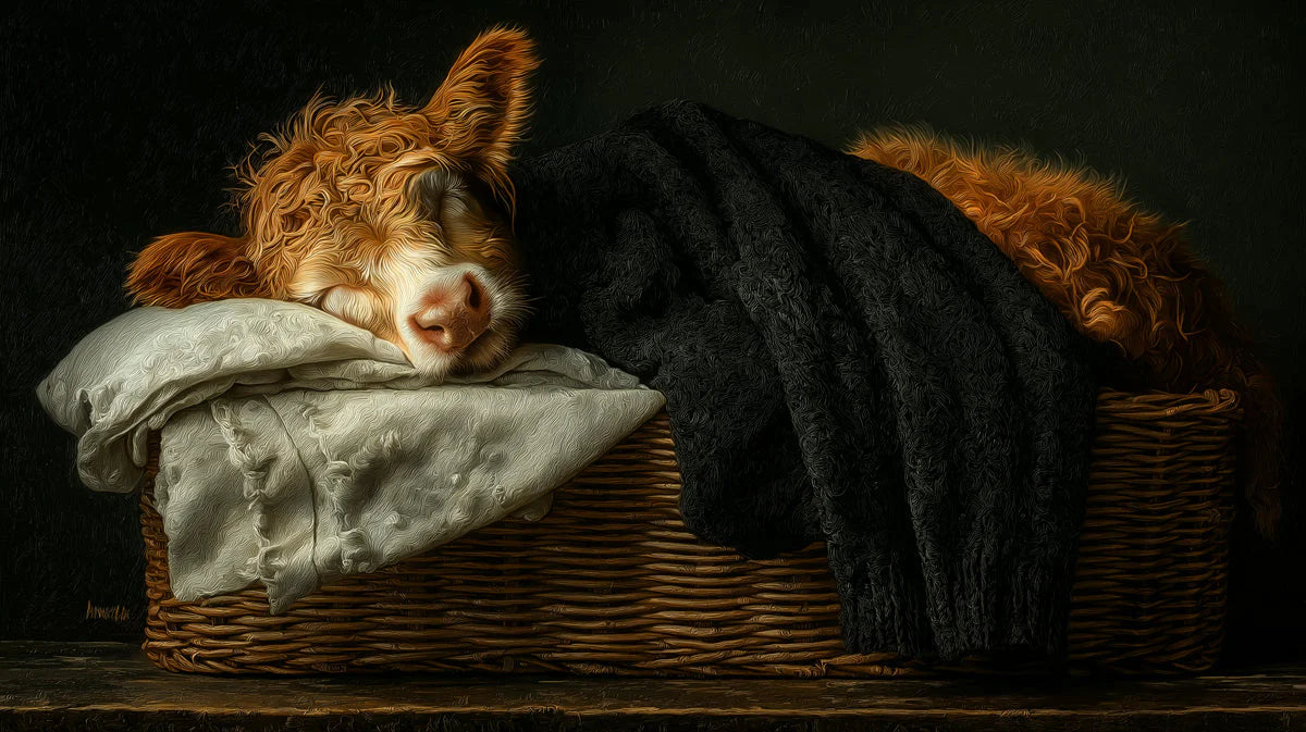 Sleeping Highland Calf Mural Wallpaper —Cozy Artistic Wall Mural Mural Wallpaper - room preview 04