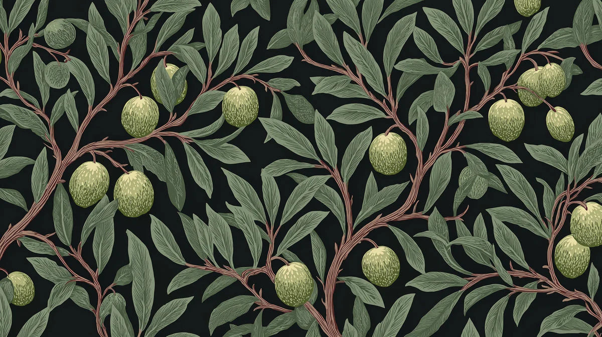 Olive Grove Botanical Mural Wallpaper — Dark Arts & Crafts Style Mural Wallpaper - room preview 04