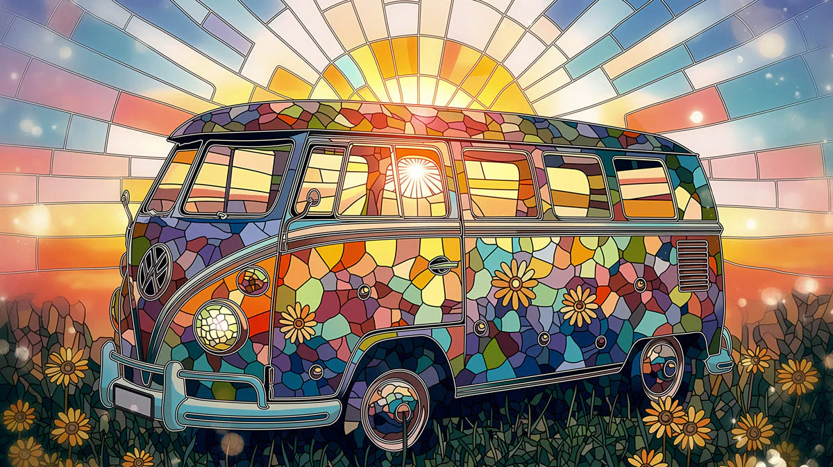 Stained Glass Vintage Van Mural Wallpaper — Vibrant Retro Style Mural Wallpaper - room preview 04