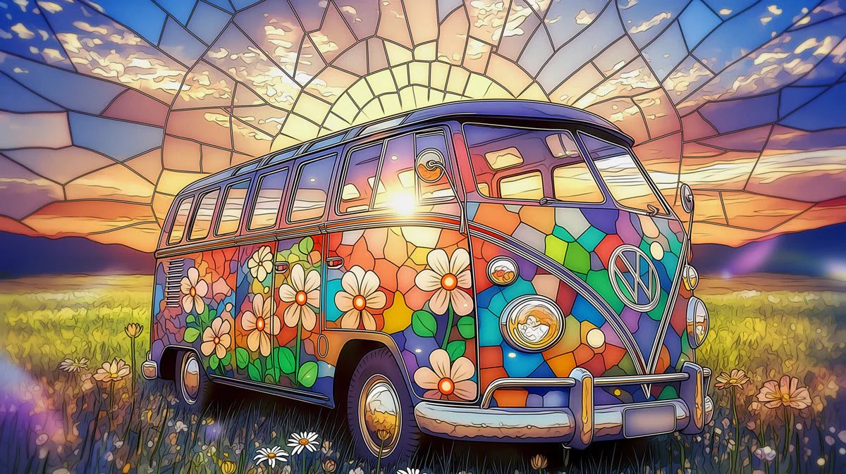 Stained Glass Retro Van Mural Wallpaper — Vibrant Floral Design Mural Wallpaper - room preview 04
