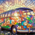 Stained Glass Retro Van Mural Wallpaper — Vibrant Floral Design Mural Wallpaper - room preview 04