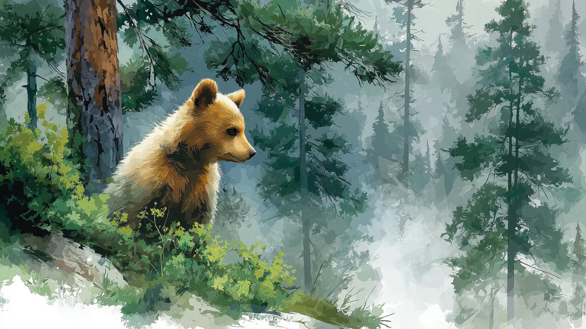 Little Bear in Misty Forest Mural Wallpaper — Impressionist Nature Mural Wallpaper - room preview 04