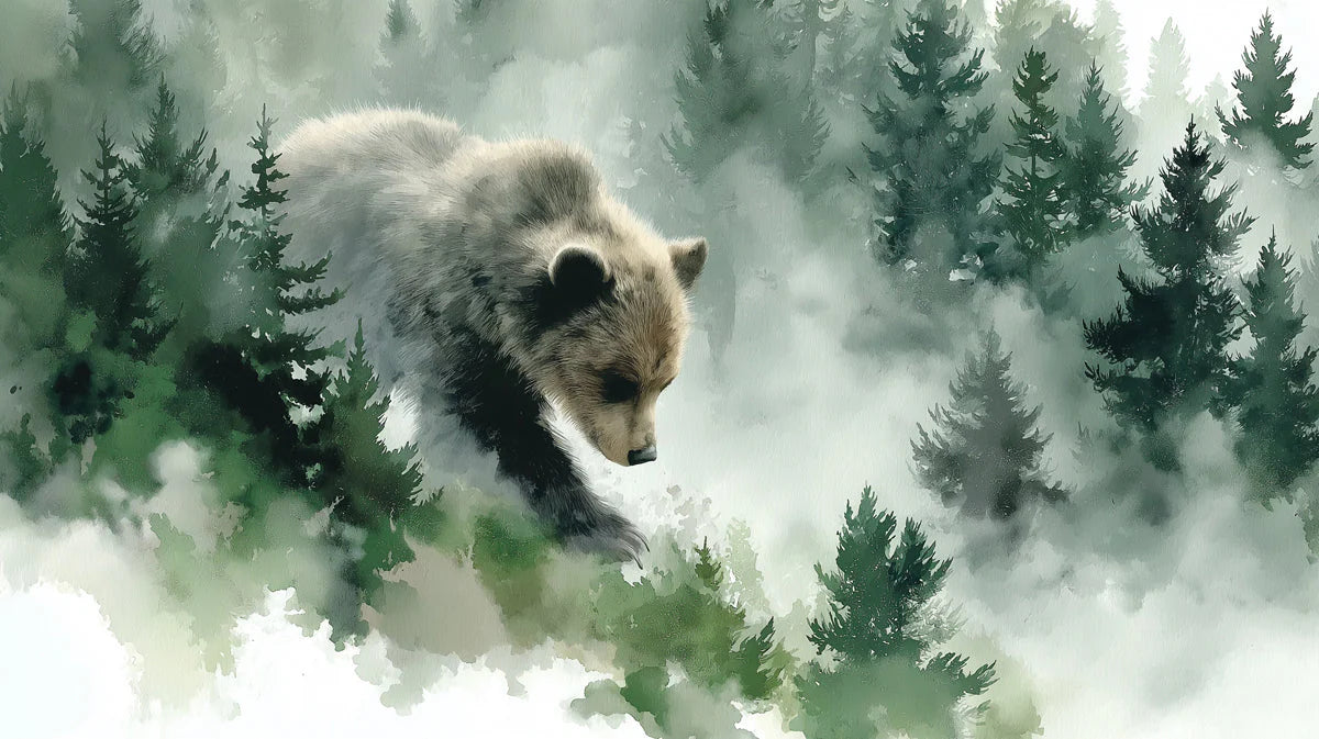 Mist-Covered Grizzly Bear Mural Wallpaper — Artistic Forest Design Mural Wallpaper - room preview 04