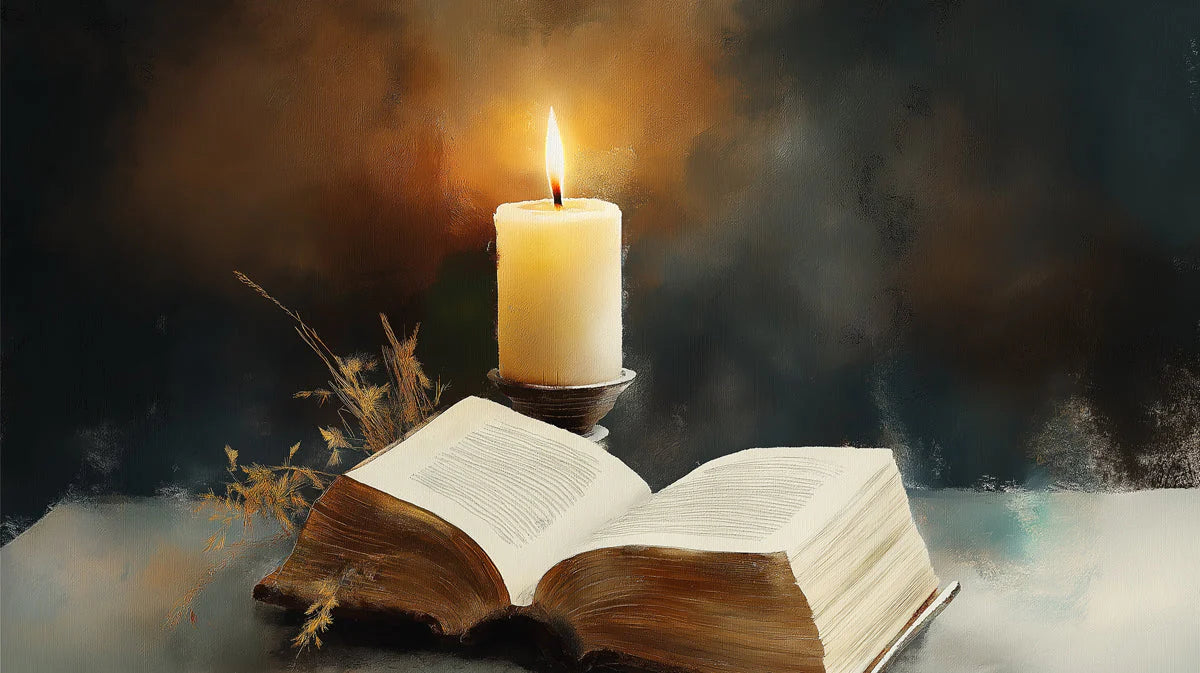 Candlelit Open Book Mural Wallpaper — Moody Dark Academia Decor Mural Wallpaper - room preview 04