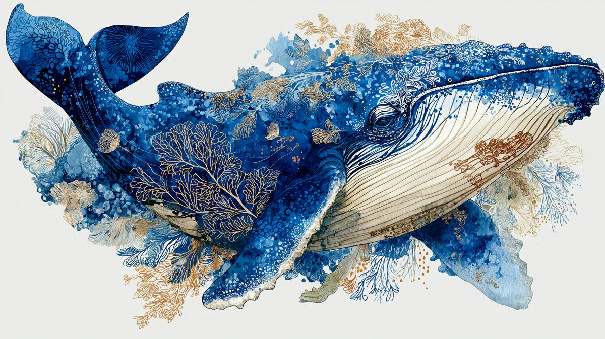 Humpback Whale Mural Wallpaper with Gold Ink Details Mural Wallpaper - room preview 04