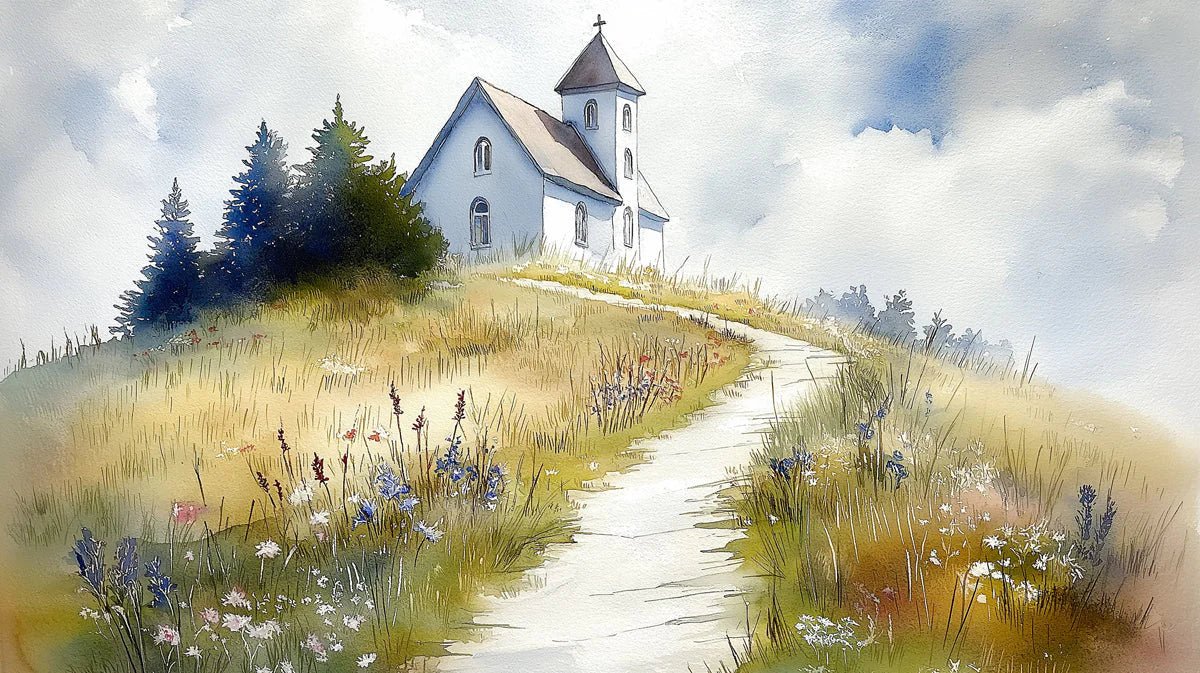 Watercolor Church Hillside Mural Wallpaper — Serene Landscape Mural Wallpaper - room preview 04