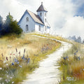 Watercolor Church Hillside Mural Wallpaper — Serene Landscape Mural Wallpaper - room preview 04