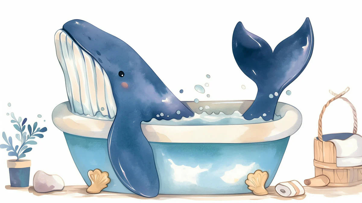 Whale in a Bathtub Mural Wallpaper — Whimsical Marine Illustration Mural Wallpaper - room preview 04