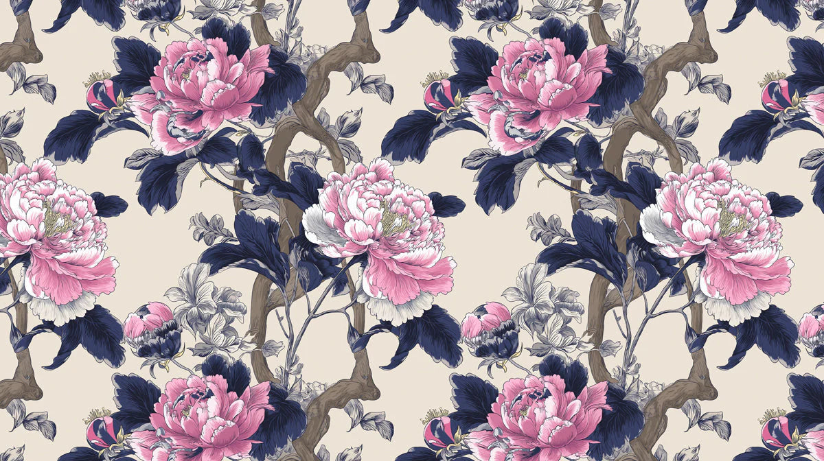 Vintage Peony Garden Mural Wallpaper in Pink and Navy Mural Wallpaper - room preview 04