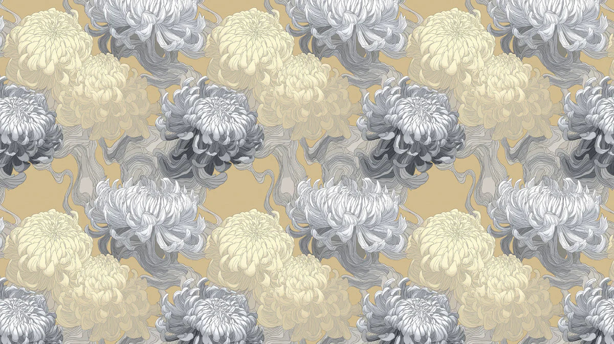 Chrysanthemum Bloom Mural Wallpaper in Ochre and Charcoal Mural Wallpaper - room preview 04