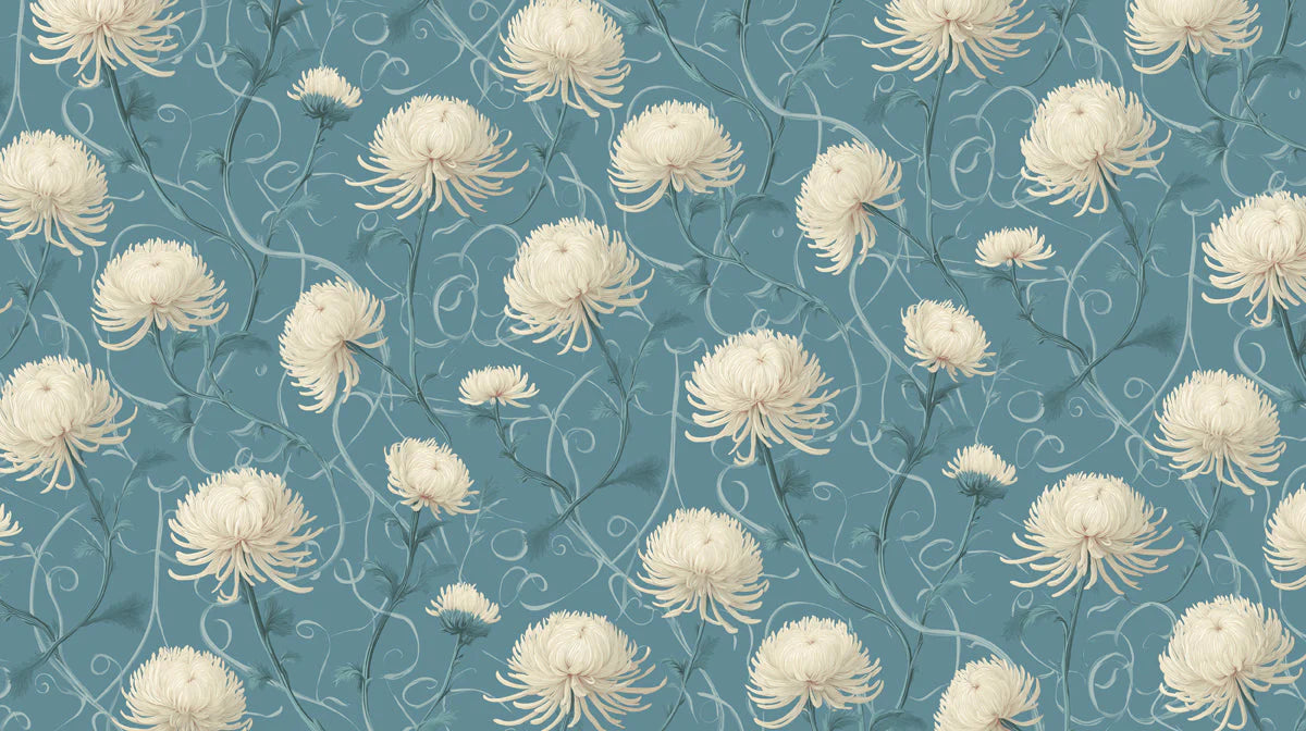 Vintage Chrysanthemum Floral Mural Wallpaper — Dusty Blue and Cream Mural Wallpaper - room preview 04
