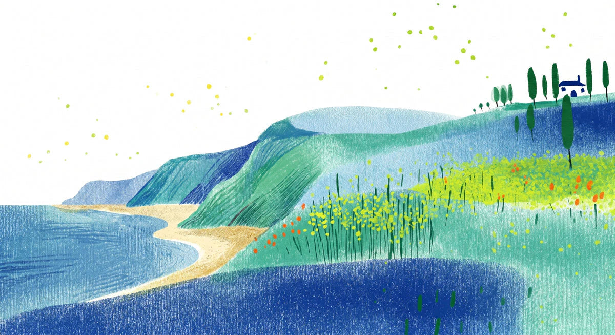Mediterranean Coastal Landscape Mural Wallpaper — Whimsical Art Mural Wallpaper - room preview 04