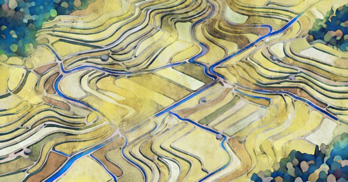 Terraced Fields Landscape Mural Wallpaper in Ochre and Cobalt Mural Wallpaper - room preview 04