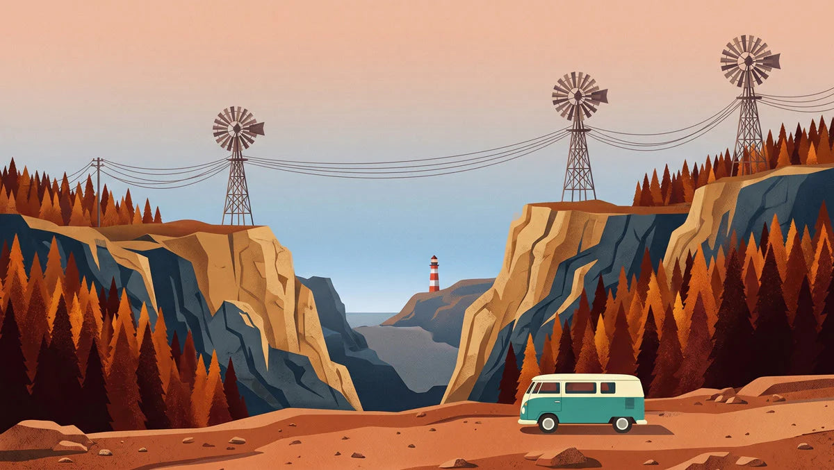 Coastal Windmill Valley Mural Wallpaper — Retro Travel Illustration Mural Wallpaper - room preview 04