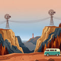Coastal Windmill Valley Mural Wallpaper — Retro Travel Illustration Mural Wallpaper - room preview 04
