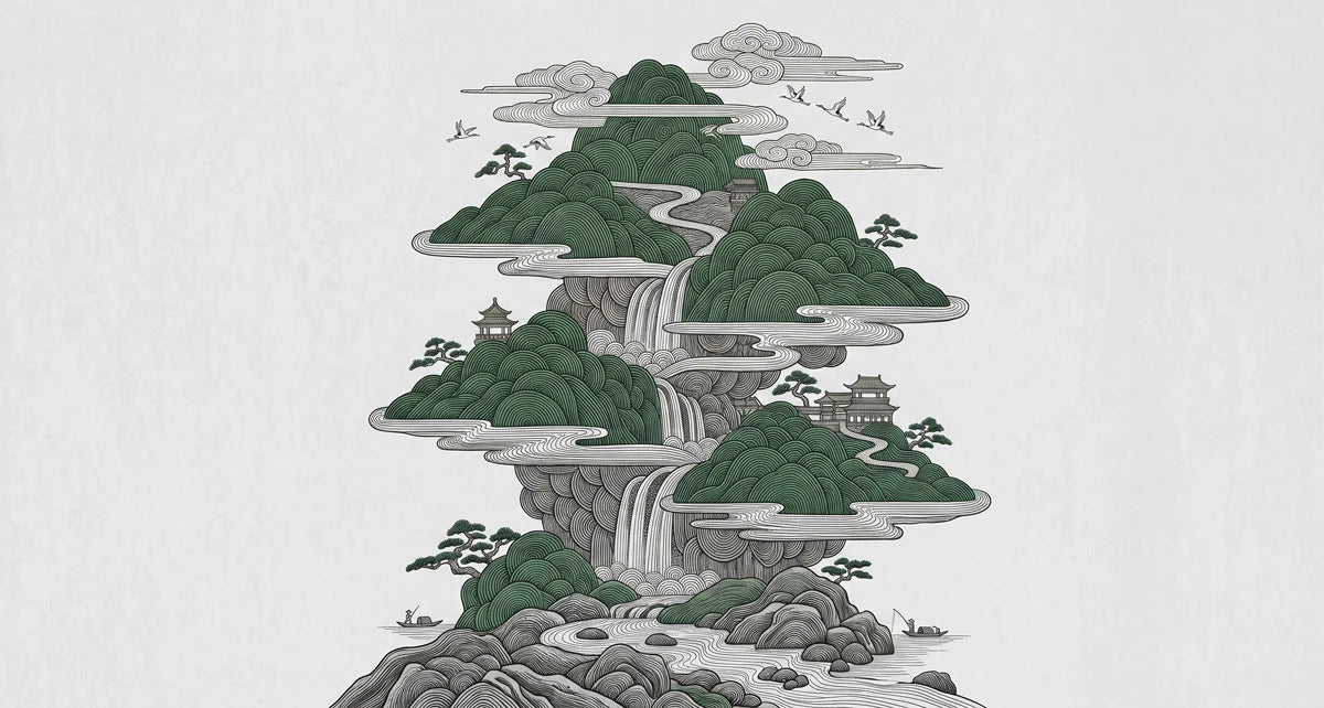Oriental Mountain Landscape Mural Wallpaper in Emerald Green Mural Wallpaper - room preview 04