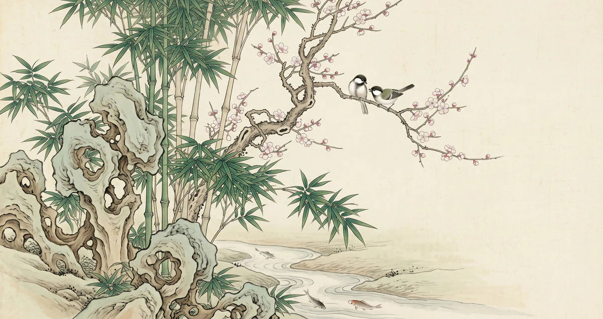Oriental Garden Bamboo & Bird Mural Wallpaper — Artistic Ink Style Mural Wallpaper - room preview 04