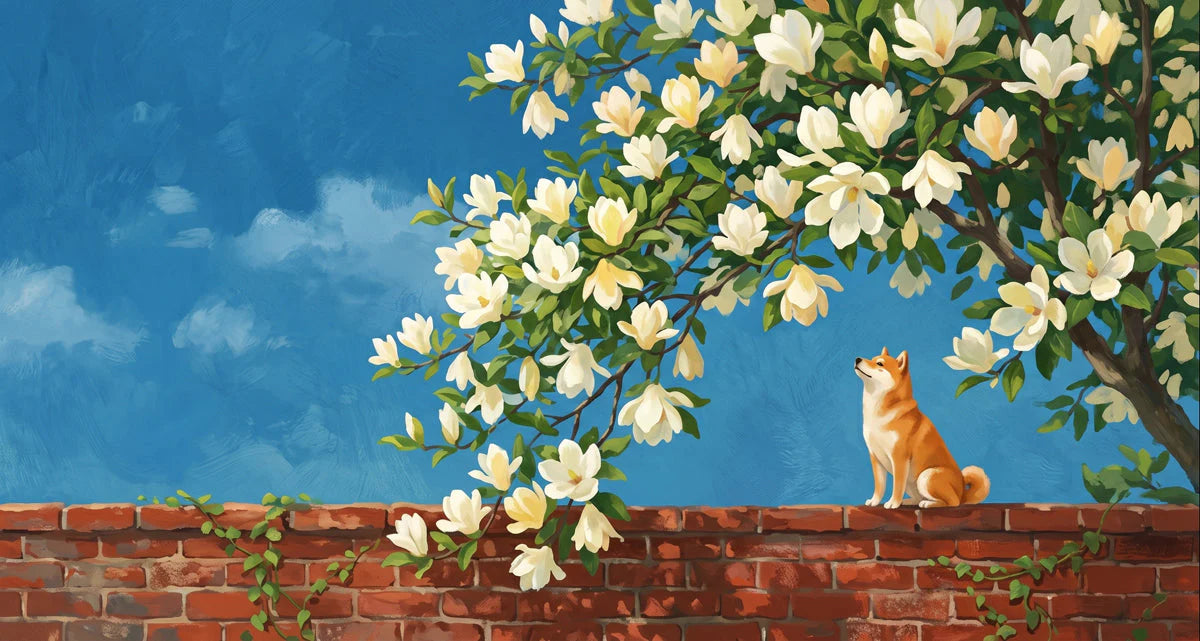 Shiba Inu and Magnolia Blossom Mural Wallpaper - room preview 04