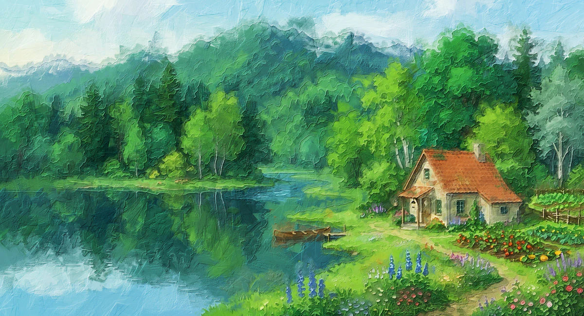 Cottage by the Lake Impressionist Landscape Mural Wallpaper - room preview 04