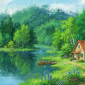 Cottage by the Lake Impressionist Landscape Mural Wallpaper - room preview 04