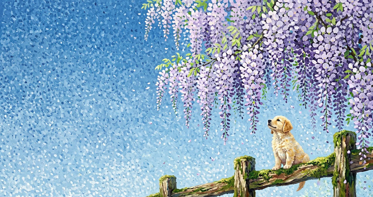 Wisteria and Golden Puppy Mural Wallpaper — Impressionistic Scene Mural Wallpaper - room preview 04