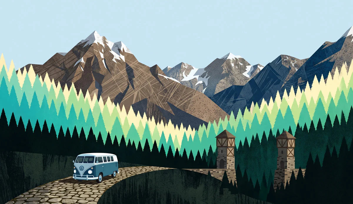 Vintage Mountain Road Mural Wallpaper — Scenic Alpine Adventure Mural Wallpaper - room preview 04