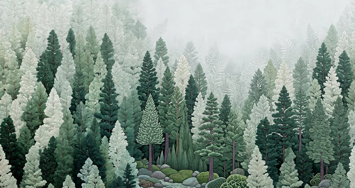 Mist-Covered Pine Forest Mural Wallpaper in Sage and Deep Green Mural Wallpaper - room preview 04