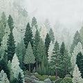 Mist-Covered Pine Forest Mural Wallpaper in Sage and Deep Green Mural Wallpaper - room preview 04