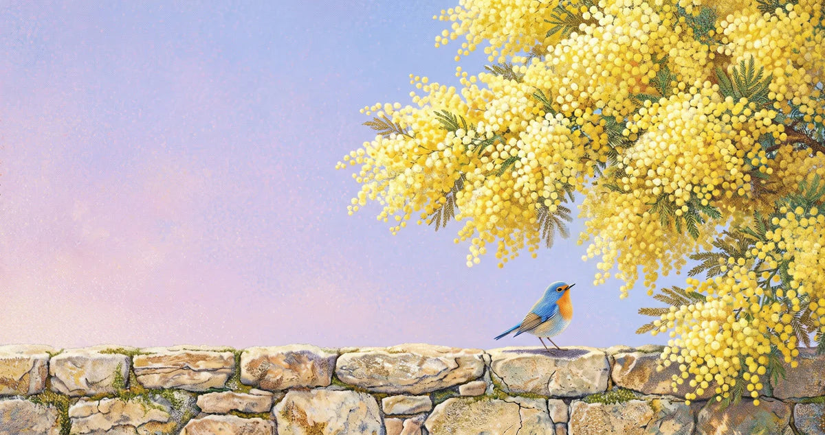 Mimosa Blossom and Garden Bird Mural Wallpaper - room preview 04