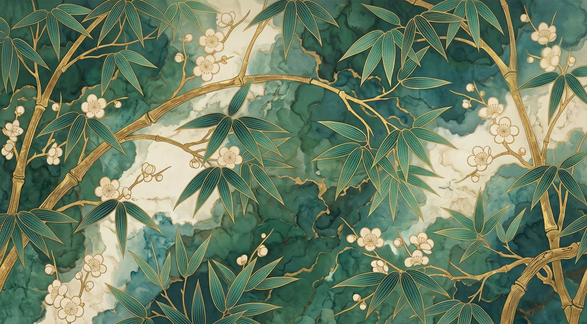 Gilded Bamboo and Cherry Blossom Mural Wallpaper - room preview 04