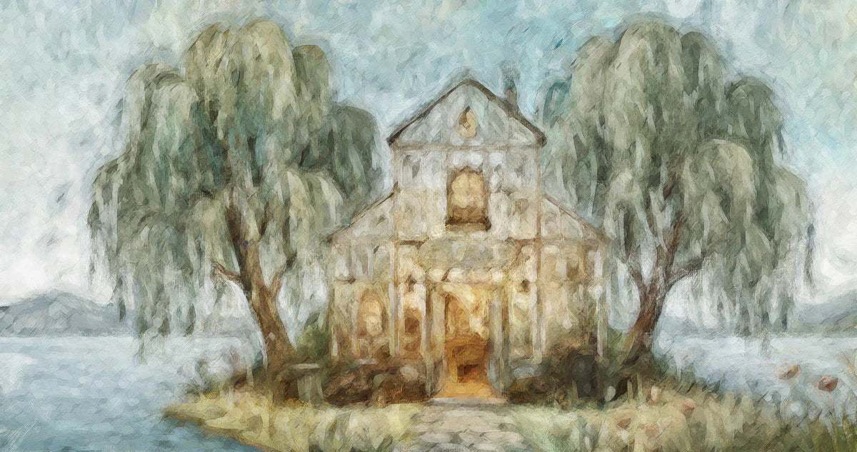 Willow Lakeside Chapel Mural Wallpaper — Impressionistic Scenery Mural Wallpaper - room preview 04