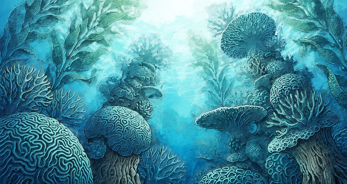 Abyssal Coral Reef Mural Wallpaper — Underwater Painterly Scene Mural Wallpaper - room preview 04