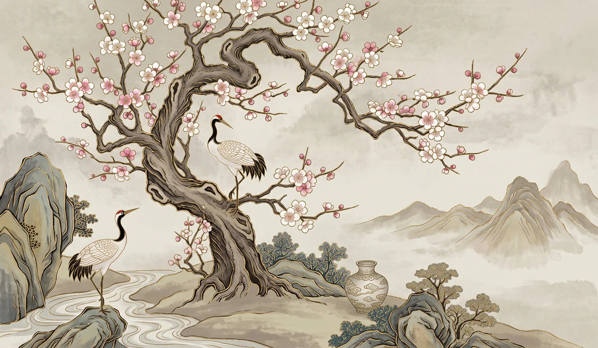 Chinoiserie Crane and Blossom Mural Wallpaper — Artistic Heritage Mural Wallpaper - room preview 04
