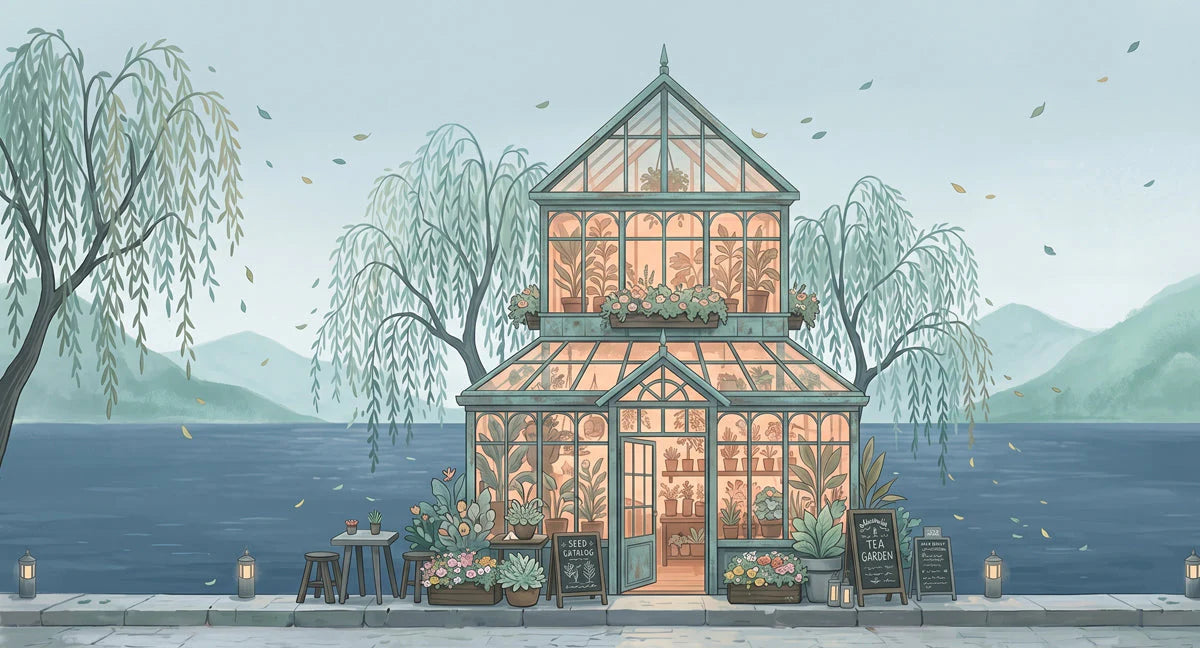 Riverside Greenhouse Mural Wallpaper — Whimsical Garden Scene Mural Wallpaper - room preview 04