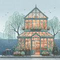 Riverside Greenhouse Mural Wallpaper — Whimsical Garden Scene Mural Wallpaper - room preview 04