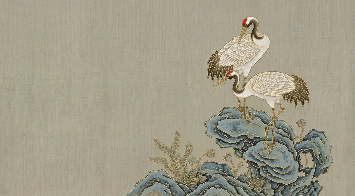 Crane and Rock Motif Mural Wallpaper in Neutral Linen Tones Mural Wallpaper - room preview 04