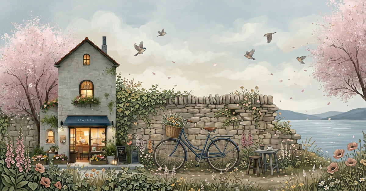 Coastal Cottage Bicycle Mural Wallpaper — Whimsical Spring Garden Mural Wallpaper - room preview 04