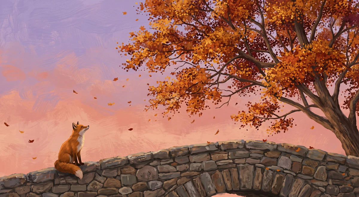Autumn Fox and Stone Bridge Mural Wallpaper — Artistic Landscape Mural Wallpaper - room preview 04