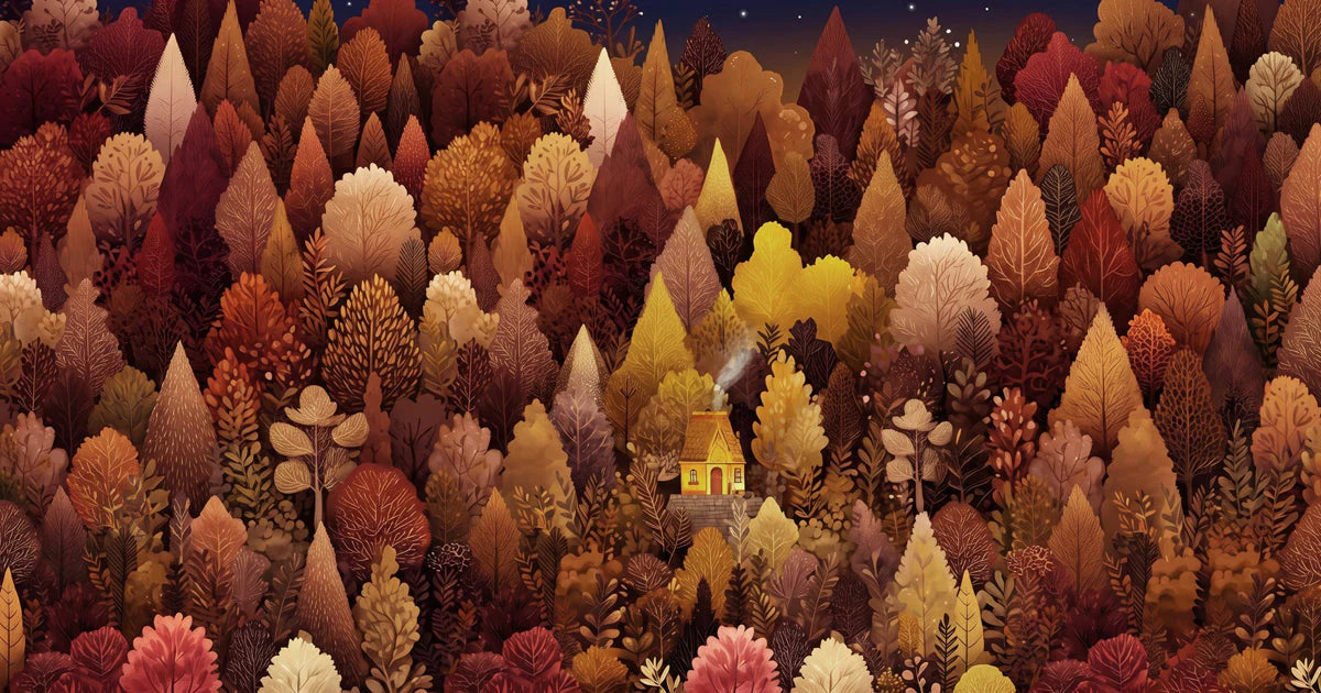 Autumn Woodland Cabin Mural Wallpaper — Cozy Forest Scene Mural Wallpaper - room preview 04