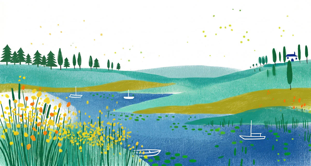 Coastal Lake Landscape Mural Wallpaper — Artistic Painted Scene Mural Wallpaper - room preview 04