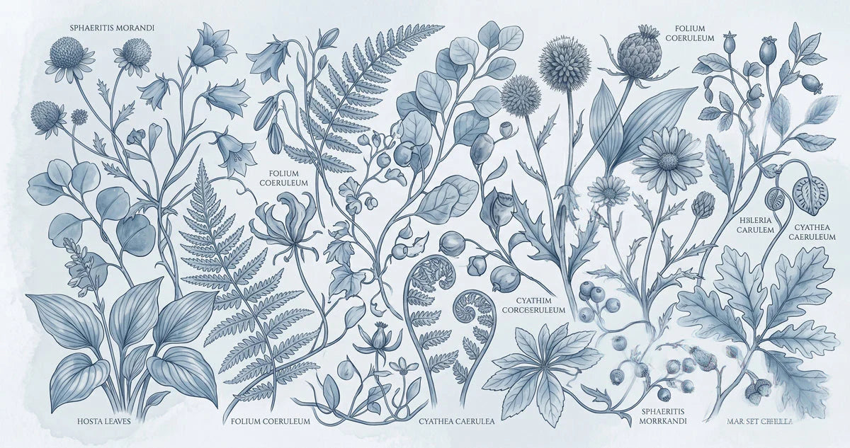 Botanical Study Mural Wallpaper in Classic Monochrome Blue Mural Wallpaper - room preview 04