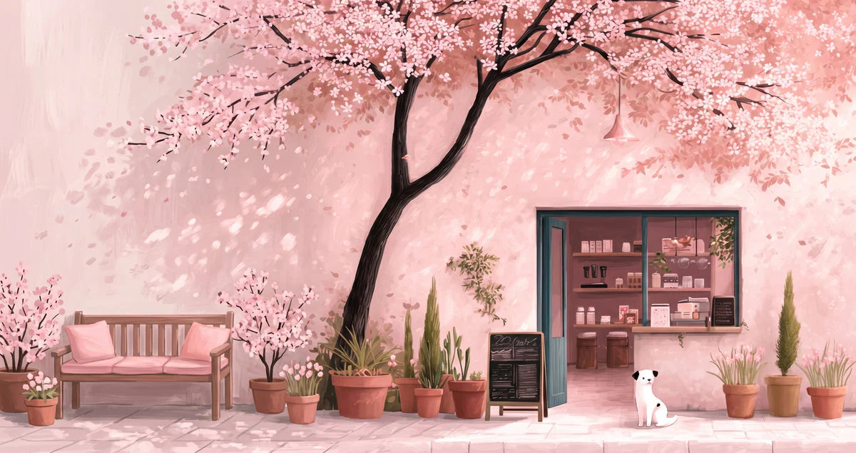 Sakura Café Mural Wallpaper — Whimsical Soft Pink Landscape Mural Wallpaper - room preview 04