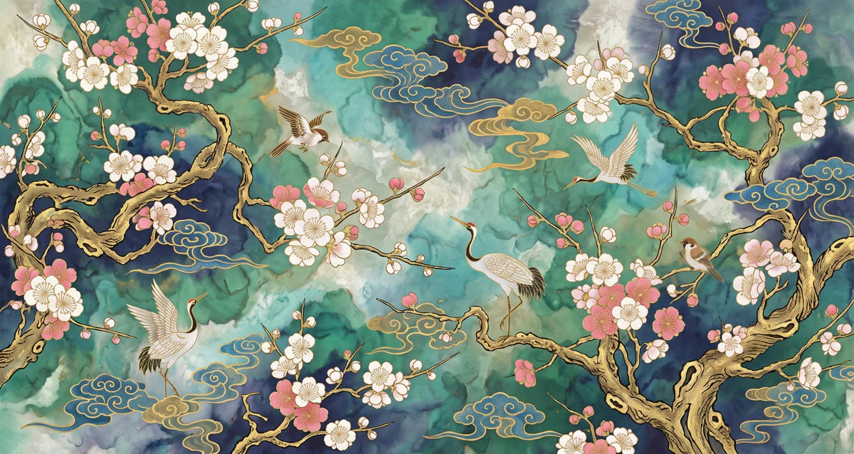 Chinoiserie Crane & Blossom Removable Mural Wallpaper - room preview 04