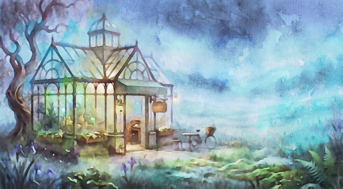 Watercolor Greenhouse Mural Wallpaper in Dreamy Blue Mural Wallpaper - room preview 04