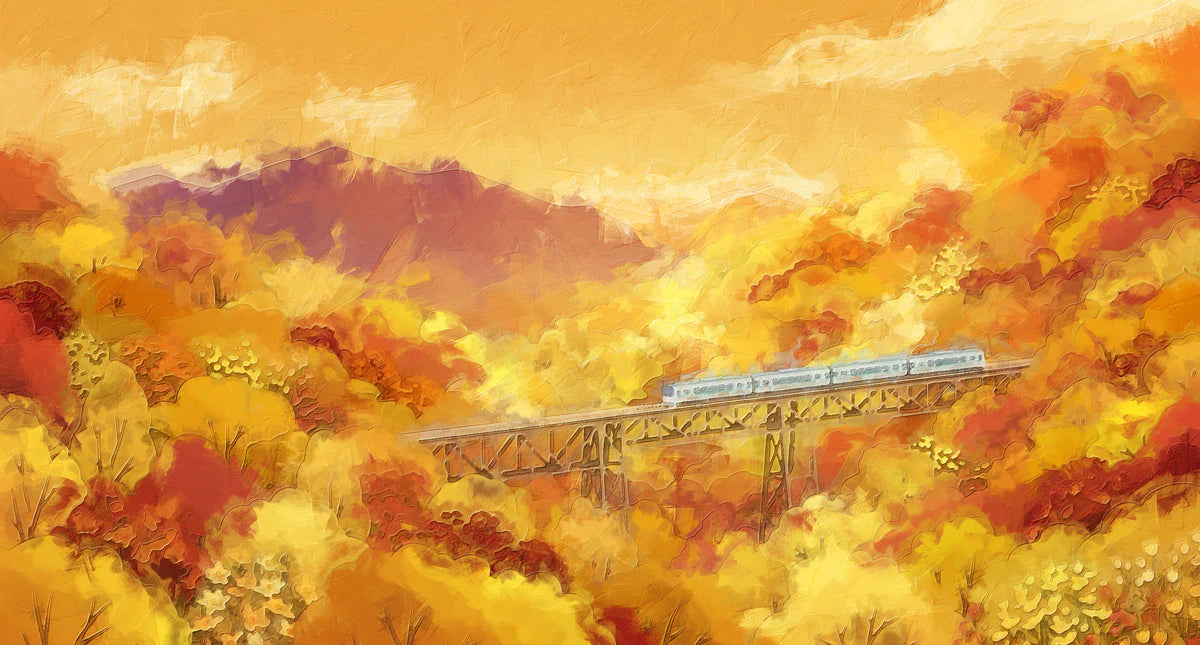 Autumn Mountain Train Mural Wallpaper — Impressionistic Landscape Mural Wallpaper - room preview 04