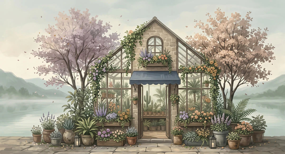 Greenhouse Garden Mural Wallpaper — Whimsical Floral Scene Mural Wallpaper - room preview 04